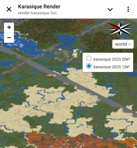 render.karasique.fun: выбор карт «karasique 2023 20k²» и «karasique 2025 10k²», изометрия с дорогой