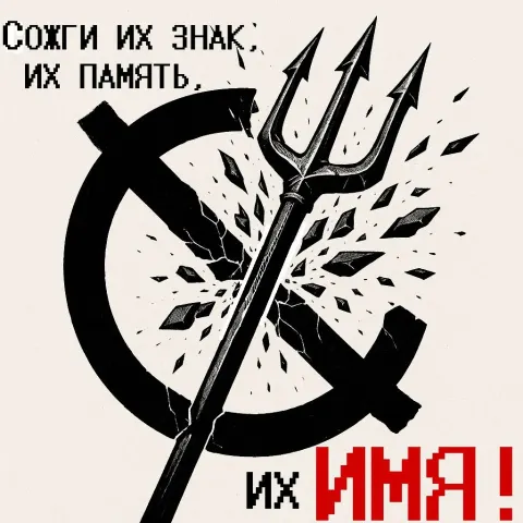 постер лягушек: вилы разбивают знак Ø, «Сожги их знак, их память, их имя!»
